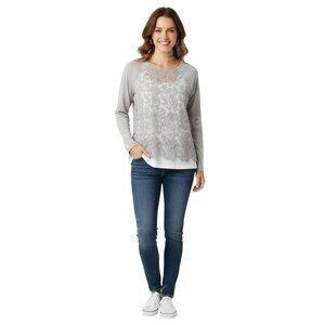 Rudy Rd. Petite Women’s Light Gray‎ Lace Overlay Long Sleeve Blouse Size PM